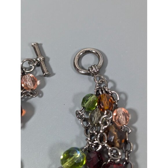 Green Red Glass Bead Gray Metal 5 Chain Toggle Bracelet 6.5" - Picture 4 of 7